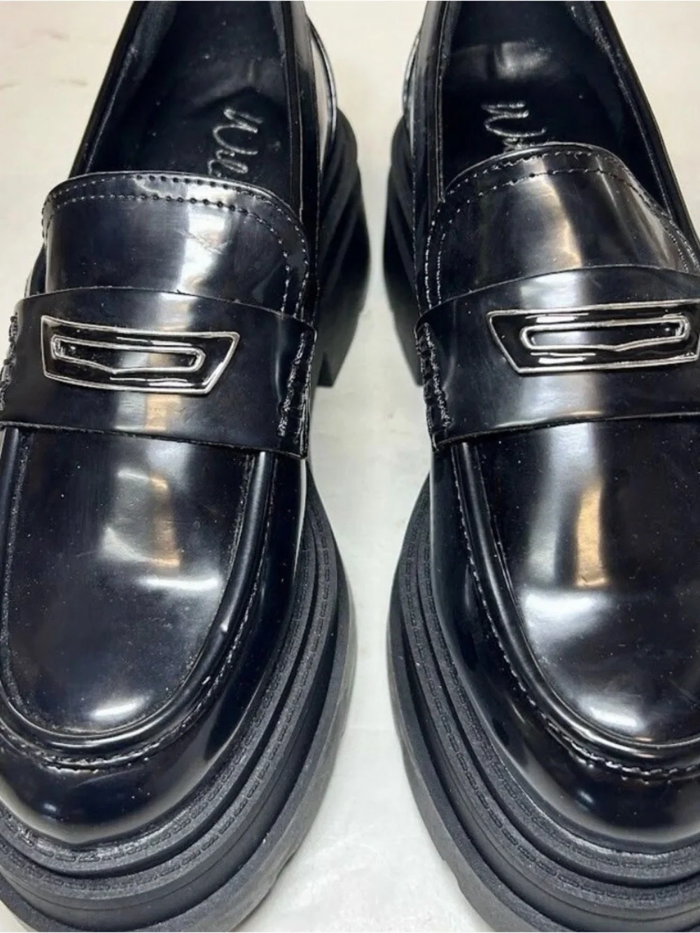 Women Wild Pair Black Platform Black Leather Penny Loafers